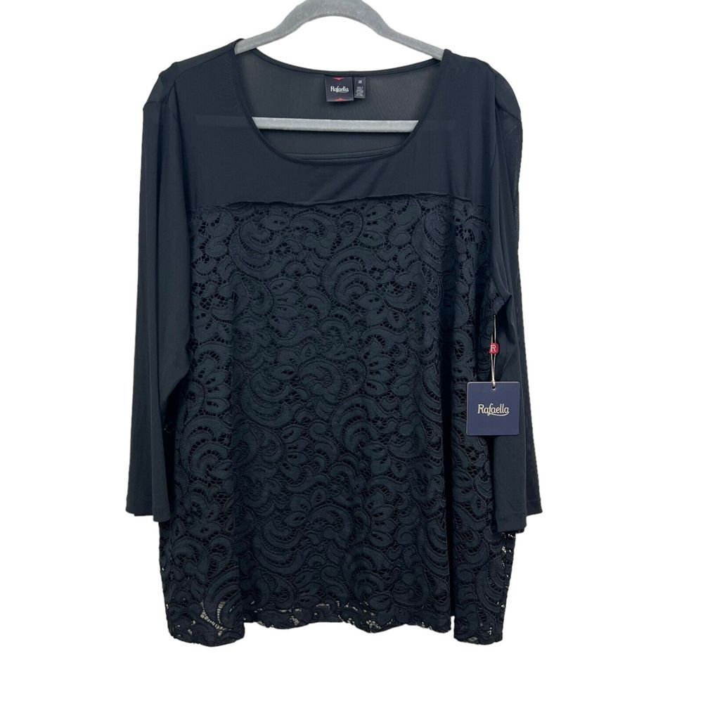 Rafaella Womens Blouse Top Lace Overlay Round Neck 3/4 Mesh Sleeves Black Sz 2X*